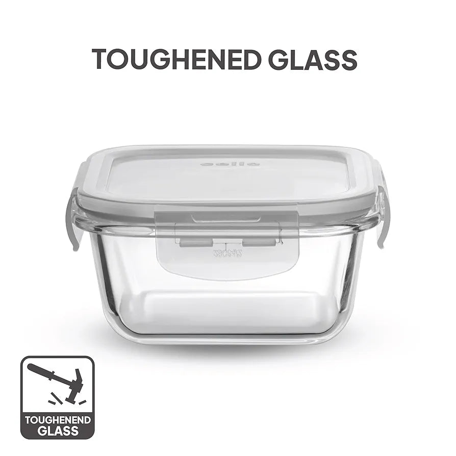 CELLO Glassy Square Lunch Box Set of 3, , Clear | Microwavable Toughened Glass | Leak Proof Design | Tiffin for Office/School/College